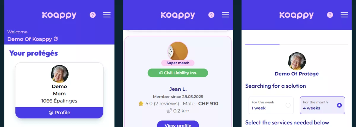 koappy - three screens of the mobile app: family home, caregiver match, service search